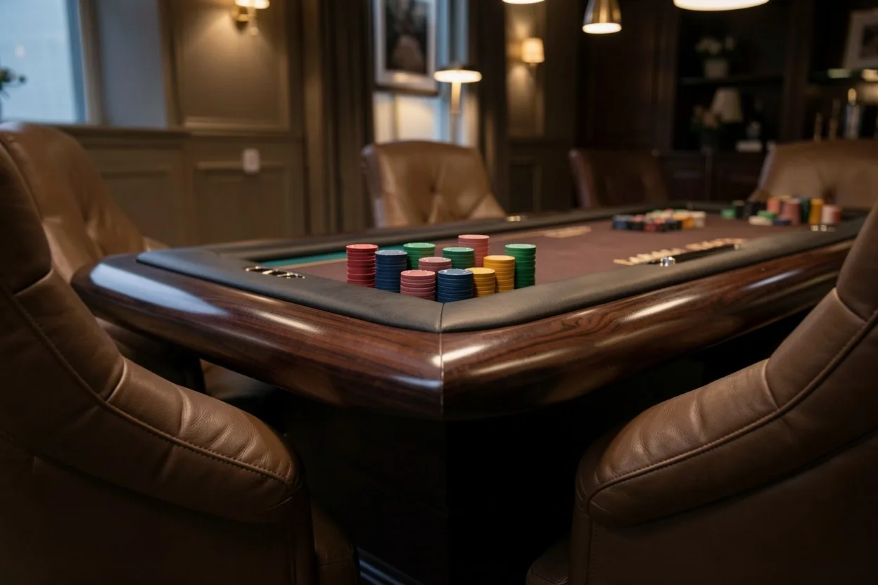 Detal profesjonalnego stołu do gier karcianych w Poker Lounge